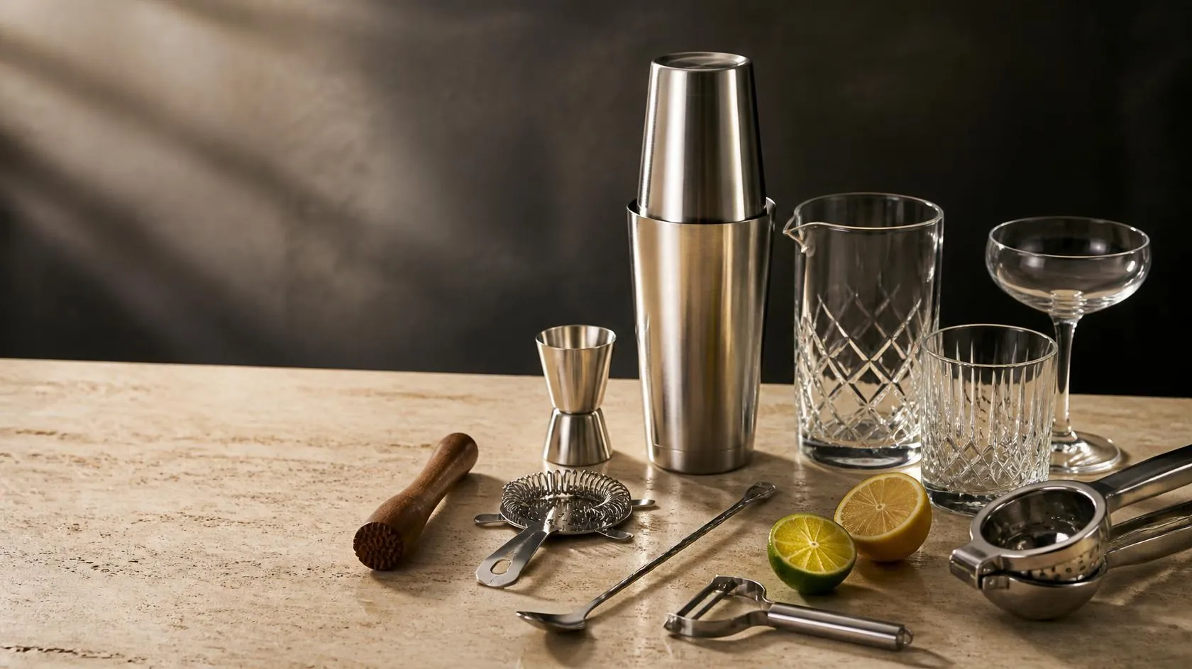 Essential bar tools laid out on a bar top: shaker, jigger, strainers, bar spoon, muddler, mixing glass and citrus press (AI-generated image)